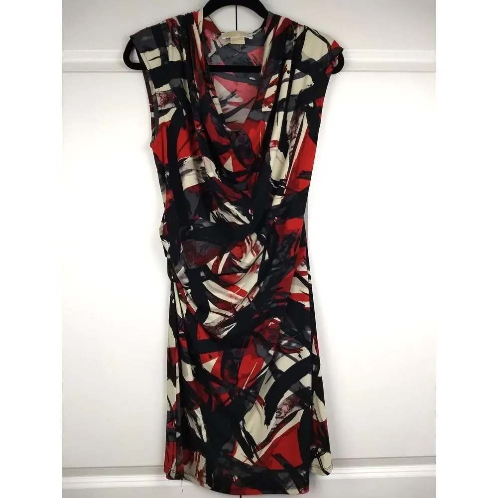 Michael Kors Sleeveless Sheath Dress L Ruched Side Cowl Neck Black Red Blaze NWT